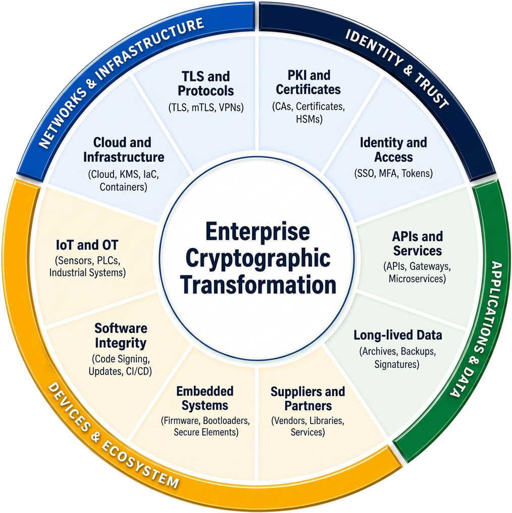 Enterprise cryptographic transformation wheel — ten domains across four families: identity and trust (PKI and certificates; identity and access), applications and data (APIs and services; long-lived data), devices and ecosystem (suppliers and partners; embedded systems; software integrity; IoT and OT), and networks and infrastructure (cloud and infrastructure; TLS and protocols).